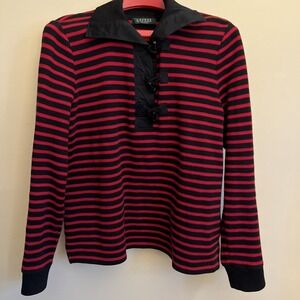 Lauren Ralph Lauren Women's Sweater Black Red Striped Toggle Closure Sz PM